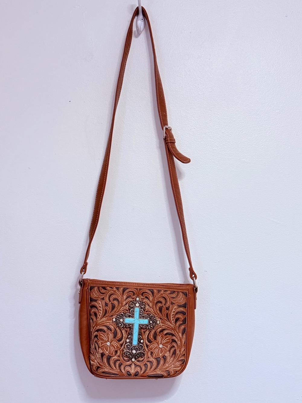Montana West brown Cowgirl Western Embossed Tooled Cutout Cross Bling crossbody